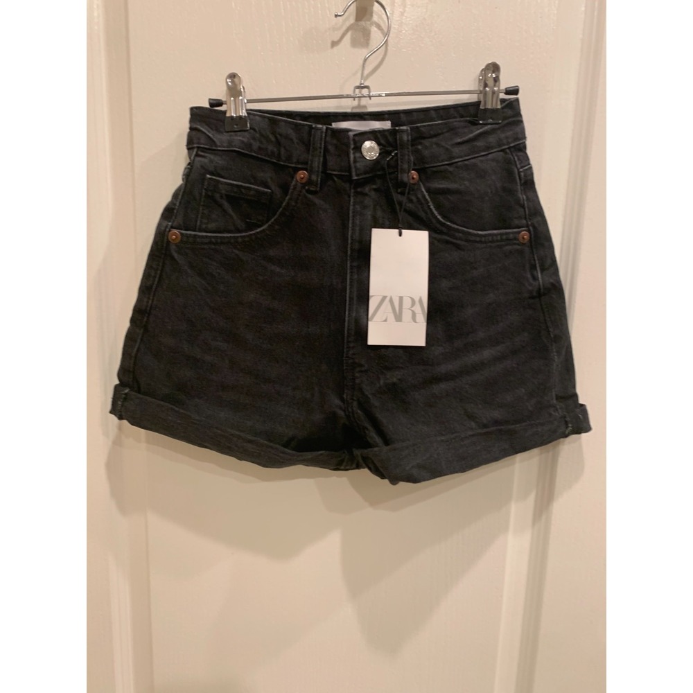 Zara Trafaluc Charcoal Black Denim Cuffed‎ High Rise Shorts Size 2 NWT